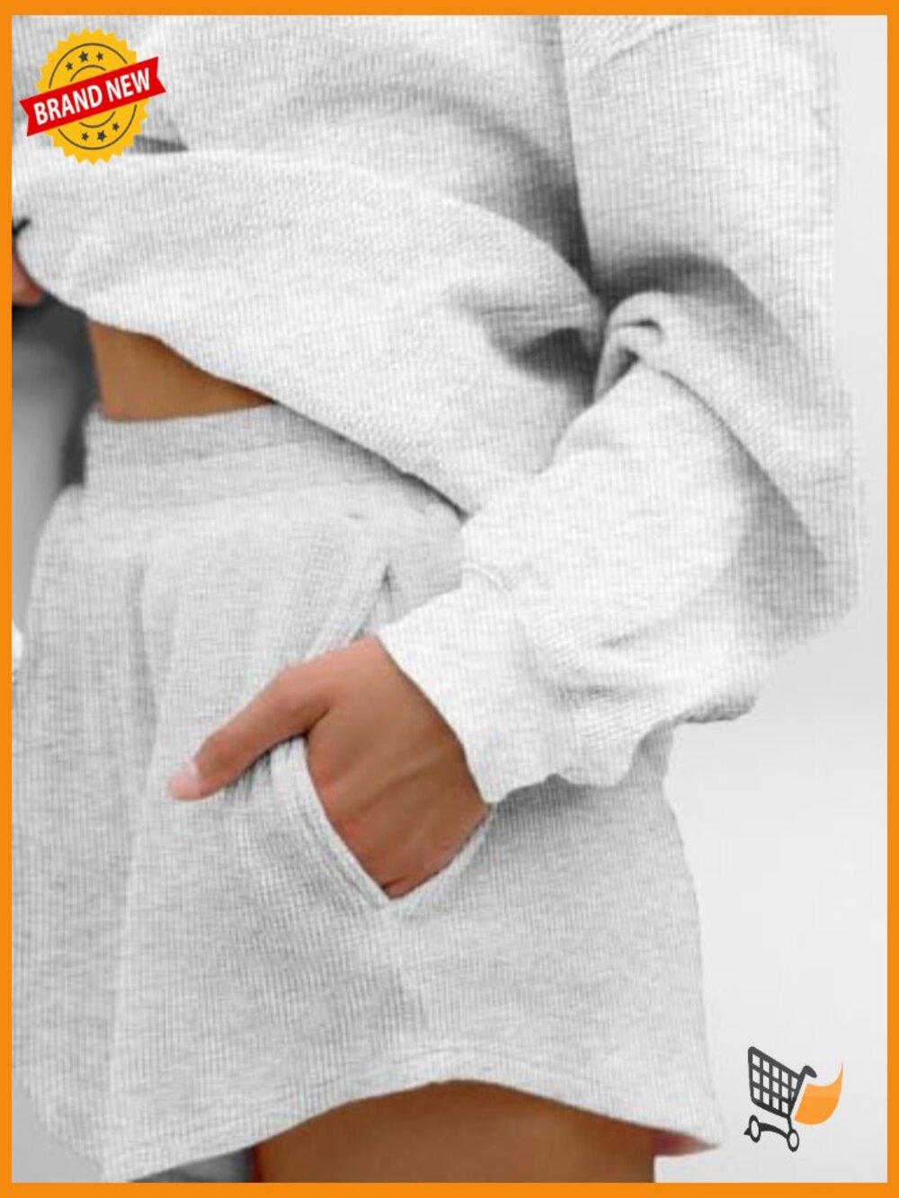 Oversized Waffle Knit Lounge Set - Long Sleeve Henley Sweatshirt & High Waisted - Picture 5 of 7